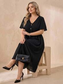 SHEIN CURVE+ Women's Plus Size Summer Casual Vacation Cinched Waist V-Neck Short Sleeve Pocket Black Conservative Dress - Black - View 3