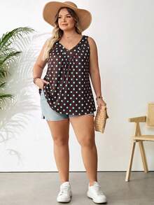 SHEIN CURVE+ 女款大尺碼波點百褶休閒百搭日常穿著上衣 - 棕色 - 查看 2