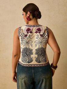 Travachic Plus Size Women's Floral Parrot Embroidered Jacket, Bohemian Goth Elegant Casual Style, Suitable For All Seasons Autumn - Multicolor - View 2