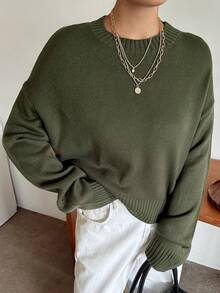 Dazy Plus Solid Color Loose Round Neck Casual Versatile Autumn/Winter Green Pullover Sweater - Dark Green - View 2