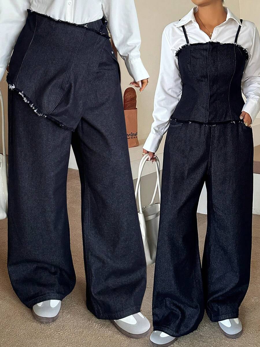 Dazy Plus Dark Wash Blue Denim Camisole Top & Long Casual Denim Jeans 2-Piece Set, Spring/Summer, Plus Size Women - Dark Wash - View 1