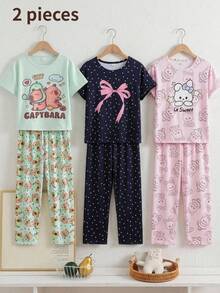 SHEIN 少女卡通印花短袖上衣與長褲睡衣套裝 - 綠色 - 查看 1