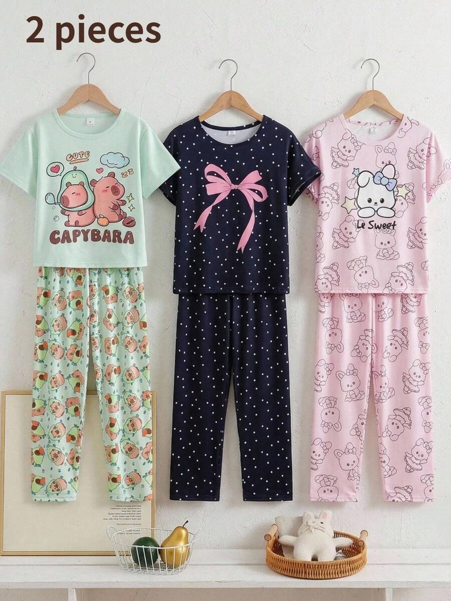 SHEIN 少女卡通印花短袖上衣與長褲睡衣套裝 - 綠色 - 查看 1