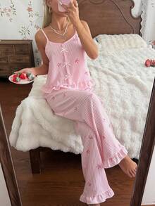CottageSlumber Pink & White Striped Heart Print Pajama Set, Delicate Bow Decor Ruffle Strap 2 Pieces Set - Pink - View 6
