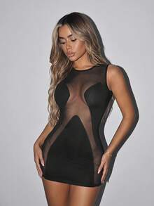 SHEIN ICON Mùa hè Lưới tương phản Quần bó Đen Đầm - màu đen - Xem 1