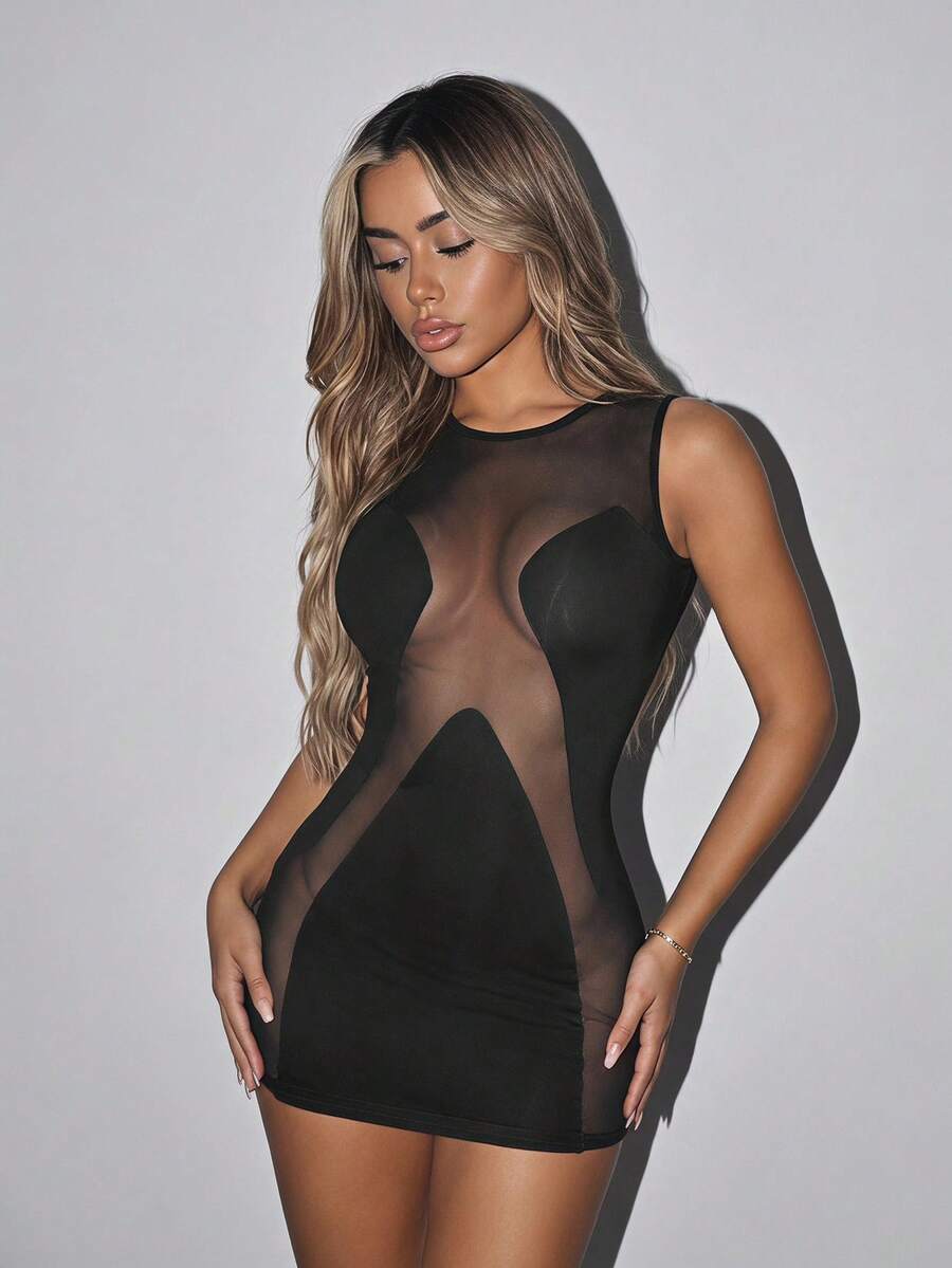 SHEIN ICON Mùa hè Lưới tương phản Quần bó Đen Đầm - màu đen - Xem 1