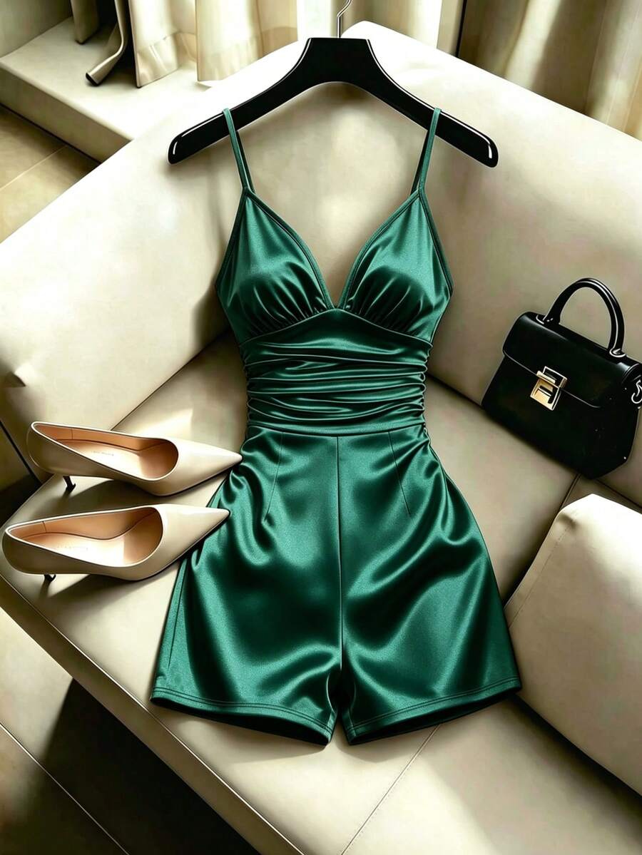 Franclia Romper Camisole Pengencang Pinggang Satin Champagne Mewah Prancis - Dark Green - View 1