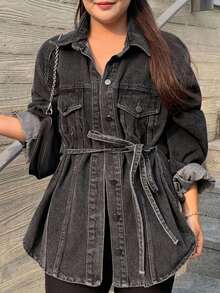 Dazy Plus Washed Distressed Lace-Up Loose Split Street Style Denim Cardigan Long Sleeve Shirt Fall - Dark Grey - View 4