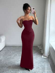 Allurite Sommer Neues sexy Kleid, trägerlos mit Kunst-Fischgräten-Linien-Dekor, figurbetontes Meerjungfrau-Langkleid, Taillendrapierung-Design, Hochzeit, Abendessen, Cocktail, elegant - Bordeaux - Übersicht 4