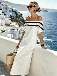 SHEIN LUNE White Off-Shoulder Off-Shoulder Striped Casual Vacation Midi Dress For Women - White - View 4