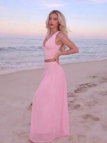 Turnttoni Women's Elegant V-Neck Camisole And High Waist Mesh Skirt 2-Piece Set, Spring/Summer Pink - Pink - View 4