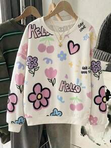 SHEIN 青少年女孩寬鬆休閒圓領卡通圖案柔軟極簡風套頭運動衫 秋冬款 - 米色 - 查看 1