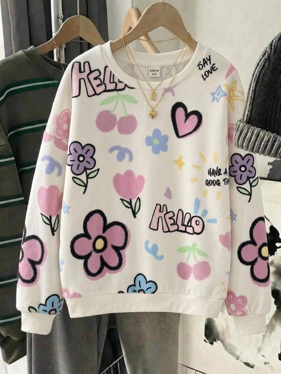 SHEIN 青少年女孩寬鬆休閒圓領卡通圖案柔軟極簡風套頭運動衫 秋冬款 - 米色 - 查看 1