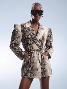 Aveloria GENKIRA Spring/Summer/Autumn Transitional Coffee-Tone Python Animal Print Oversized Wide 3D Cut Minimalist Design Cinched Waist With Adjustable Tie Belt Casual Commute Mix & Match Versatile Women's Blazer Y2K Futuristic Minimalist Punk Modern Avant-Garde Retro - Multicolor - View 3