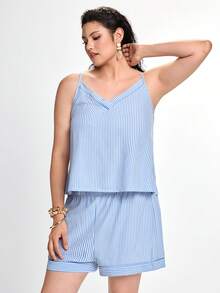 Slumbrini Set Piyama Wanita Ukuran Besar dengan Atasan Camisole dan Celana Pendek Motif Garis-garis - Blue and White - View 6
