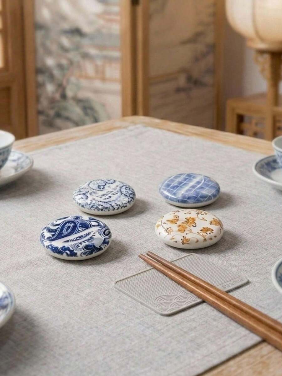 Haus Hana 1件装4款日式筷架,日式图案筷托,复古凹槽设计陶瓷家居装饰品 - 多色 - 查看 1