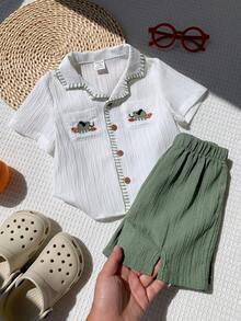 SHEIN 中性嬰兒男/女嬰 2件組 春夏休閒可愛大象刺繡度假風短袖上衣與短褲套裝，男嬰套裝，男嬰夏季衣著，柔軟，復古 - 薄荷綠 - 查看 7