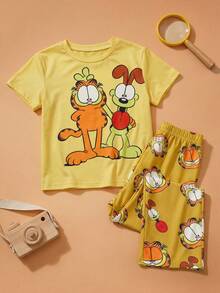 GARFIELD | SHEIN 卡通印花短袖上衣和裤子睡衣套装，适合小女孩 - 黃色 - 查看 1