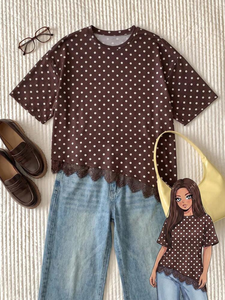 Comfortcana Plus Size Casual 90s 80s Vintage Brown Polka Dot Contrast Lace Women's T-Shirt Vacation Business Summer - Brown - View 1