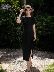 Yumoku 休閒極簡優雅女款夏季針織蕾絲洋裝 早午餐穿搭 黑色 - 黑色 - 查看 6