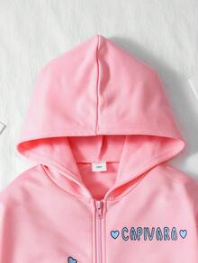 Genkimix Kids 女童粉色針織連帽拉鍊長袖開襟外套，春秋款，正面卡通史迪奇印花配愛心與字母，寬鬆休閒版型，適合日常穿著、旅行、度假與學校聚會 - 粉色 - 查看 3