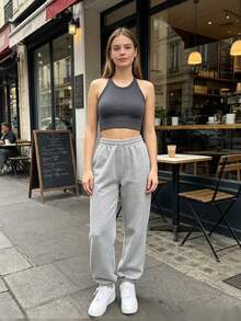 Gameset SHEIN Sport Solid Color Halter Neck Sports Bra Gym Gray Summer Athleisure Athletic Modest Athleisure Pilates Gym - Grey - View 5