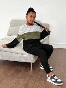 SHEIN Tween Girls Casual Colorblock Ribbed Long Sleeve Top And Pants 2 Pieces Set - Green - View 8