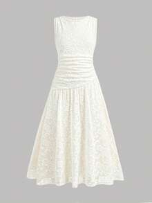 SHEIN Tween Girls Kids Casual Elegant Fashion Versatile Daily Lace Round Neck Asymmetrical Design Sleeveless Long Dress, Back To School Outfit, Outing Outfit, White Lace Dress, Spring Summer Autumn Outfit, Graduation, Party Outfit - Beige - View 4