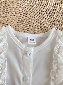 SHEIN Playful Pals 新生女嬰白色圓領長袖洋裝，海軍藍花卉刺繡荷葉邊下擺蝴蝶結裝飾，可愛女嬰婚禮派對秋季款 - 藍白色 - 查看 5