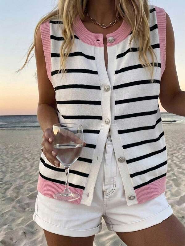 Vaclyn Chaleco de punto a rayas de cuello redondo casual y versátil para mujer de talla grande con diseño de color contrastante y botones delanteros