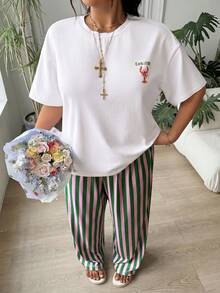 SHEIN EZwear 大尺碼女款字母印花短袖T恤與條紋長褲兩件套 - 彩色 - 查看 4