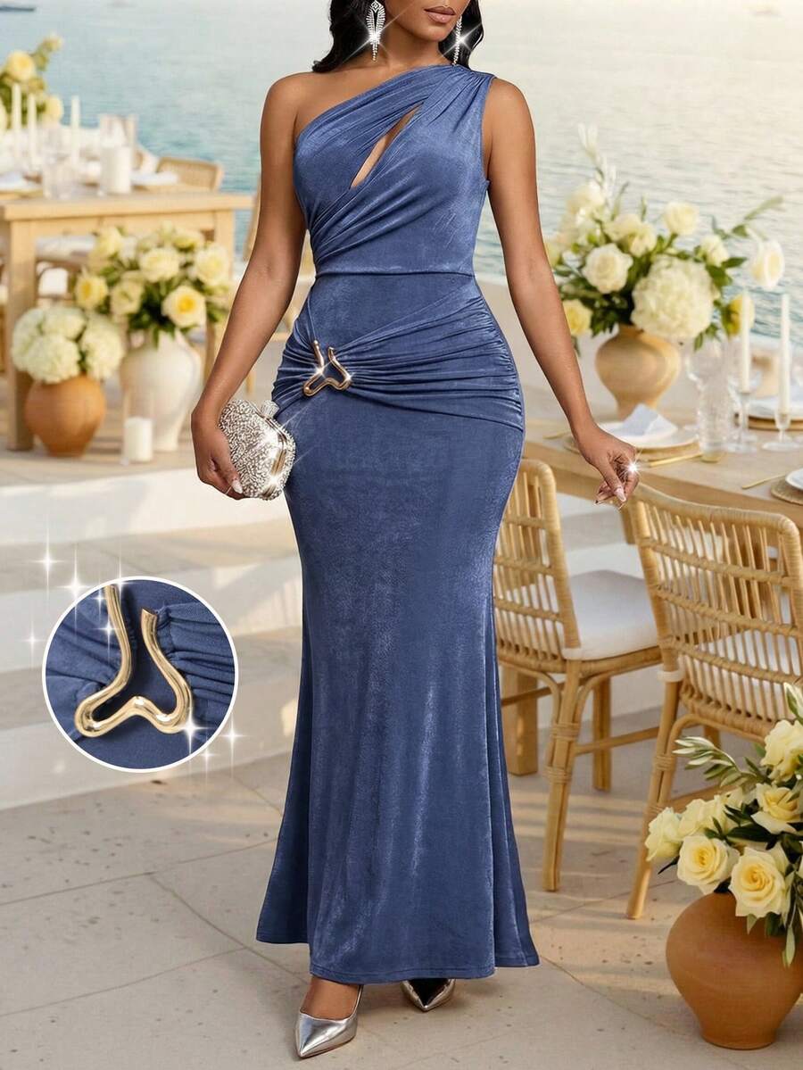 SHEIN Lady Women's Dusty Blue Summer Elegant Wedding Guest Coffee Date Dress,Metallic Decor Pleated Cinched Waist Mermaid One Shoulder Luxury Evening Gown Party - Blue - View 1