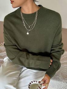 Dazy Plus Solid Color Loose Round Neck Casual Versatile Autumn/Winter Green Pullover Sweater - Dark Green - View 5