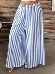 Dazy Plus Plus Size Summer Vacation Striped Loose Wide Leg Skorts Loungewear Bottoms Sleepwear All Season - Blue and White - View 5