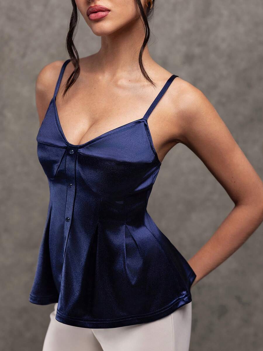 SHEIN LUNE 女士优雅荷叶边下摆吊带背心,收腰,夏季 - 藏蓝色 - 查看 1