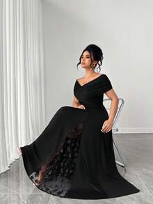 Elenzga Plus Size Women's Spring And Autumn Cross-Collar Elastic Tight Frame Fabric With Hollow Mesh Three-Dimensional Flowers, Full Of Luxury, Must-Have Item For Parties, Elegant Style, Party Shape, Long Sleeveless Elegant Dress - Black - View 1