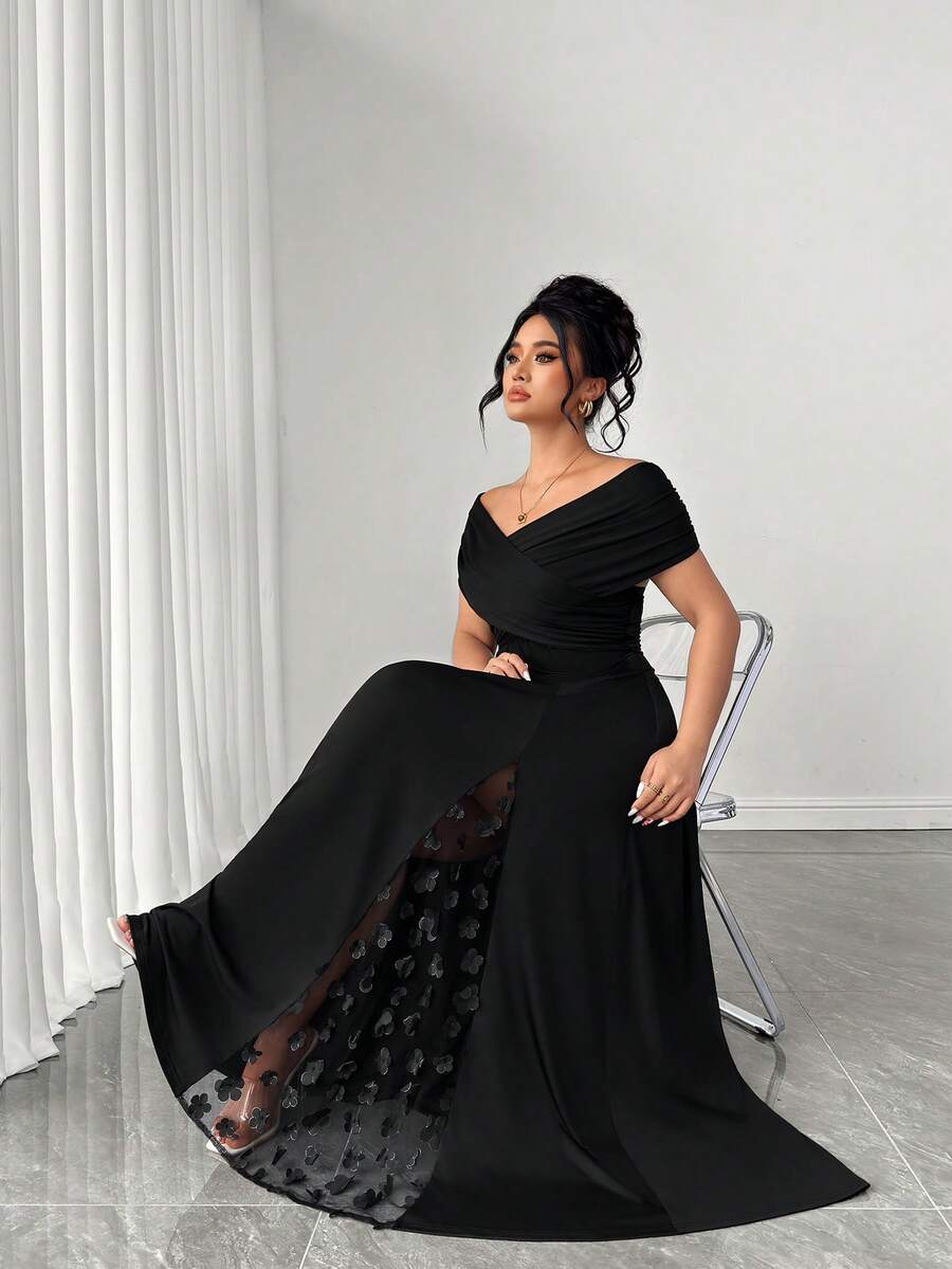 Elenzga Plus Size Women's Spring And Autumn Cross-Collar Elastic Tight Frame Fabric With Hollow Mesh Three-Dimensional Flowers, Full Of Luxury, Must-Have Item For Parties, Elegant Style, Party Shape, Long Sleeveless Elegant Dress - Black - View 1