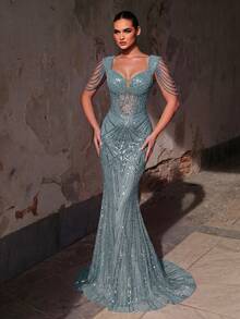Glamrae Elegant Luxurious Beaded Sequin Patchwork Puff Sleeve Mermaid Dress For Wedding, Bachelorette Party, Vacation, Prom, Evening Gala (Heavy Embellished Style) - Blue - View 8