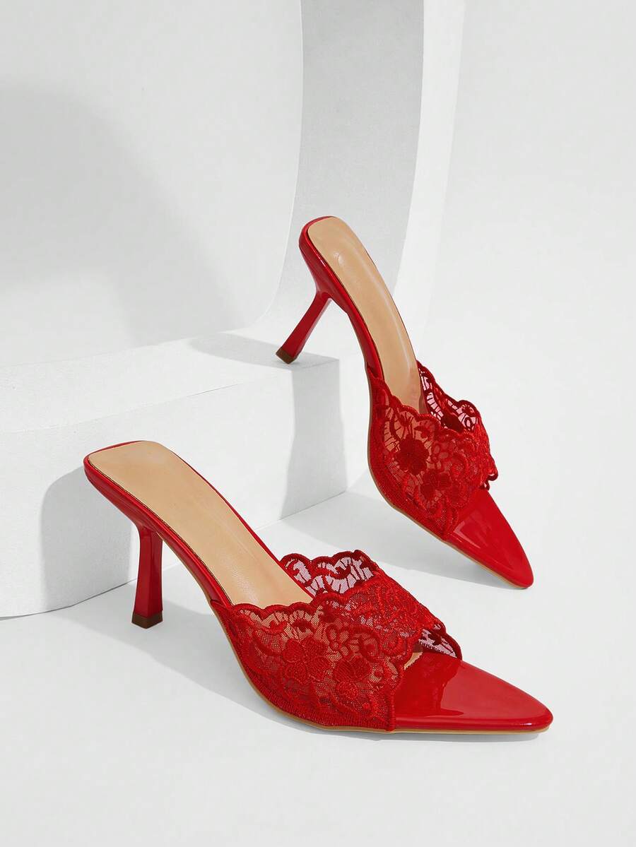 CUCCOO SZL 女款刺繡蕾絲尖頭細高跟涼鞋 夏季鞋 - 紅色 - 查看 1