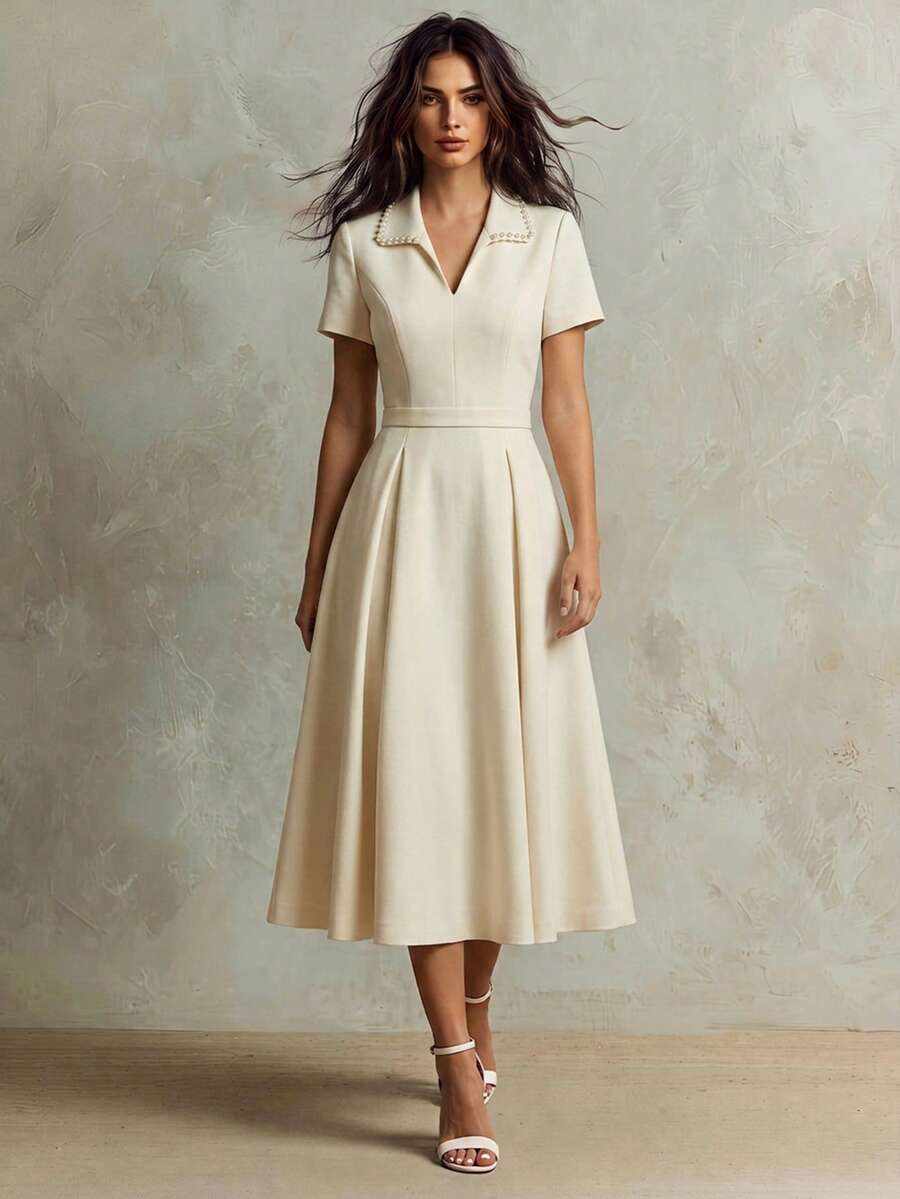 Franclia Vestido com Cintura Marcada e Linha A, de Manga Curta, Elegante e da Moda, na Cor Abricó, para Mulheres, Verão - Damasco - Visão 1