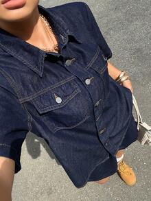 Rivivi Festival Plus Size Women's Summer Blue Non-Stretch Denim 2 Pieces Set - Dark Wash - View 4
