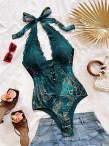 Soleia Plus Size Sexy V-Neck Halter Tie Lace Patchwork Paisley Print Fitted Women's Bodysuit - Blue - View 1