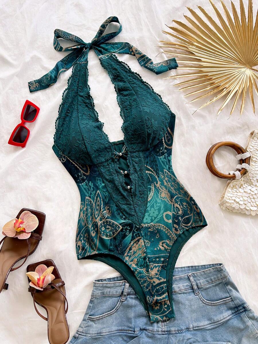 Soleia Plus Size Sexy V-Neck Halter Tie Lace Patchwork Paisley Print Fitted Women's Bodysuit - Blue - View 1