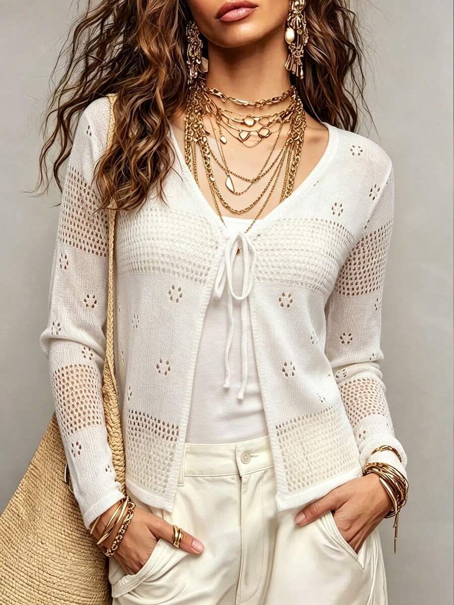 SHEIN Franclia Casual Versatile Solid Color Hollow Knit Cardigan - White - View 1