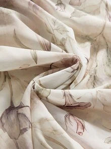 ROMWE Avant Gaun Pendek Wanita Motif Bunga Romantis Murni Chiffon dengan Hiasan Ruffle di Bagian Bawah dan Leher V, Lengan Lentera - Hijau - View 4