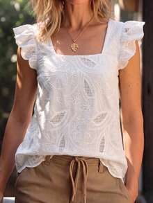 SHEIN Franclia Blouse d'été blanche élégante et romantique pour femmes, avec col carré et manches courtes, brodée - Blanc - Voir 1