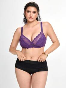Slumbrini 1件大码女士蕾丝拼接舒适钢圈文胸 - 紫色 - 查看 8