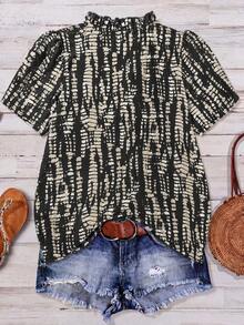 Hourglow Plus Size Summer Casual Shorts Sleeve Allover Print Boho Blouse - Black - View 2