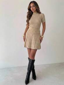 Firerie Women's Stand Collar Short Sleeve Top Mini Skirt Knit Two Pieces Set Teachers' Day Brunch Khaki Green Autumn Casual Elegant Dinner - Apricot - View 5