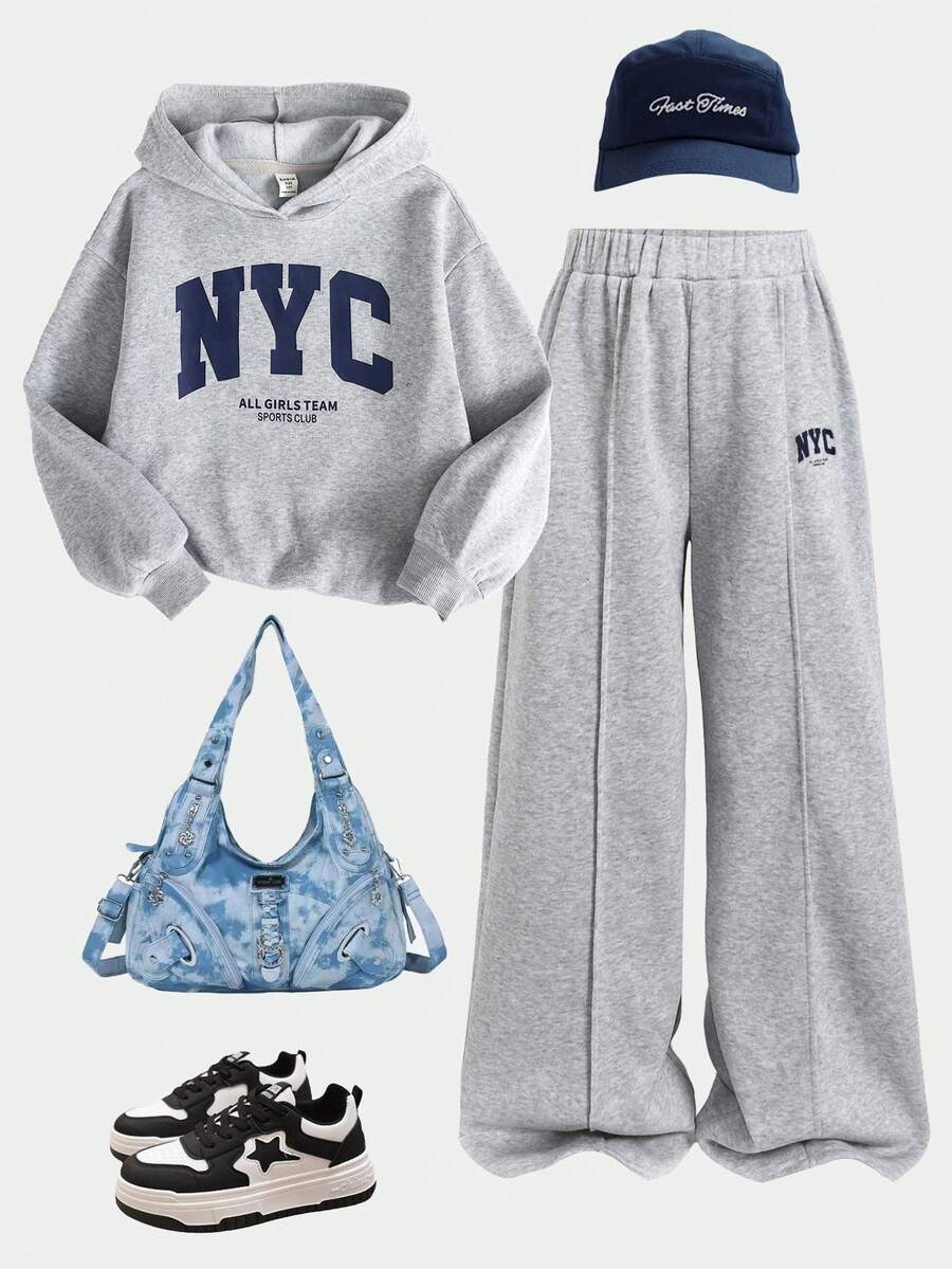 SHEIN Tween女孩秋冬休閒保暖內裡加厚衛衣套裝,紐約市印花,寬鬆圓領,落肩長袖連帽,搭配印花牙籤壓褶寬腿直筒運動褲,2件式運動衛衣套裝,麻灰色 - 灰色 - 查看 1
